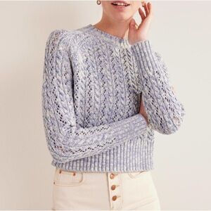 Boden Crewneck Sweater Marled Light Blue Open Crochet Knit Size Small Cropped
